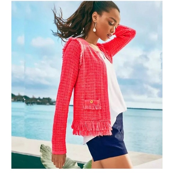 Lilly Pulitzer Jackets & Blazers - Lilly Pulitzer Simora Fringe Cardigan Spicy Coral Exotic Tweed S‎ Preppy Coastal